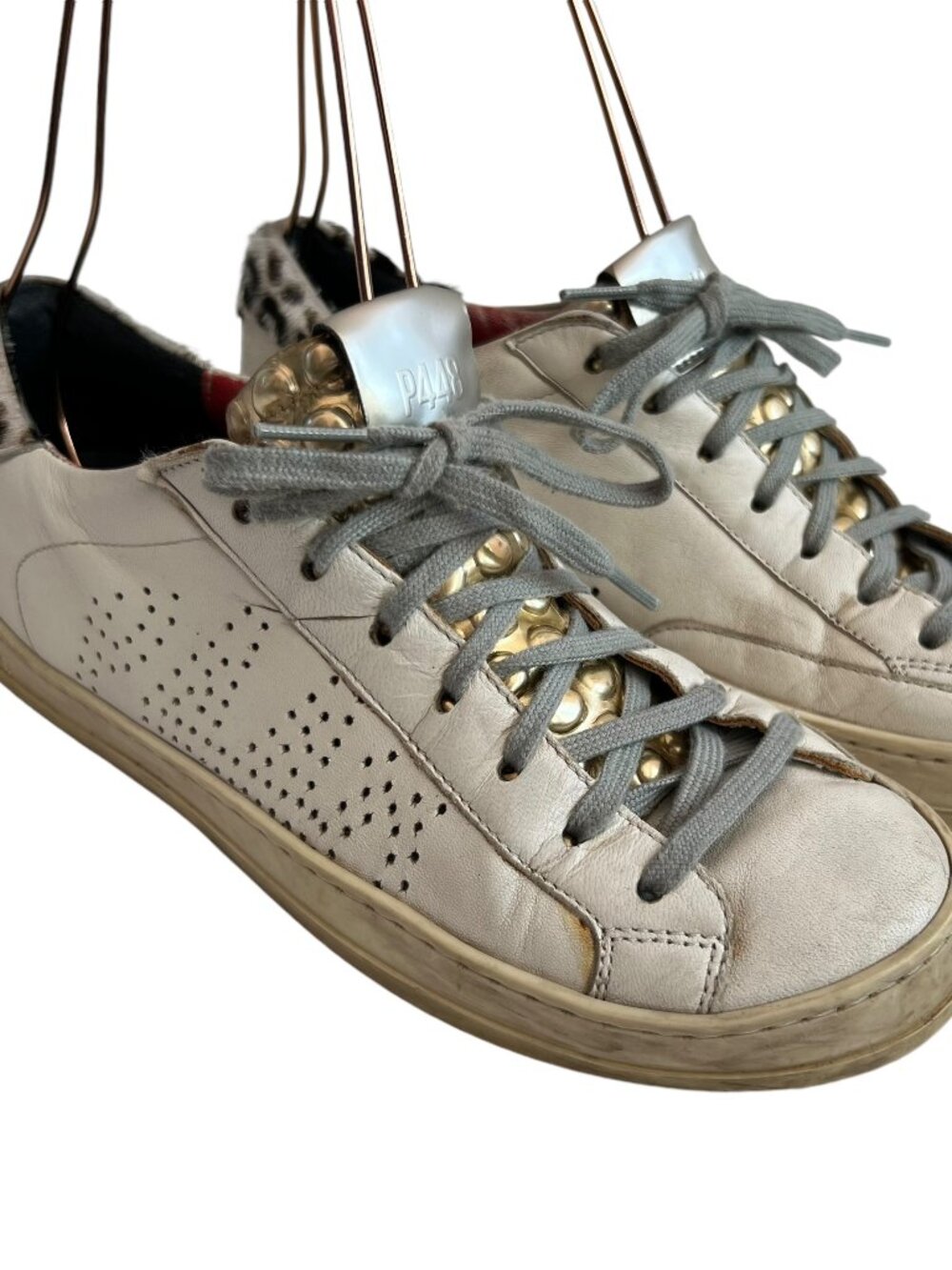 P448 sneakers John distressed white leather leopard print fur heel EU 38 7.5 8